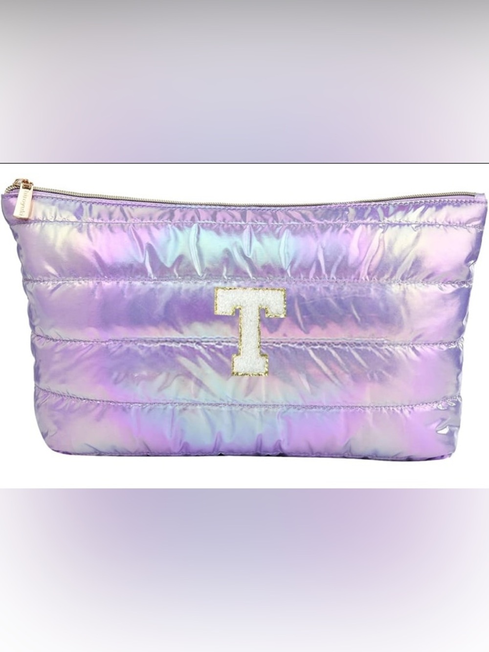Iridescent Lavender Quilted Cosmetic Pouch with T Initial - Picture 1 of 2
